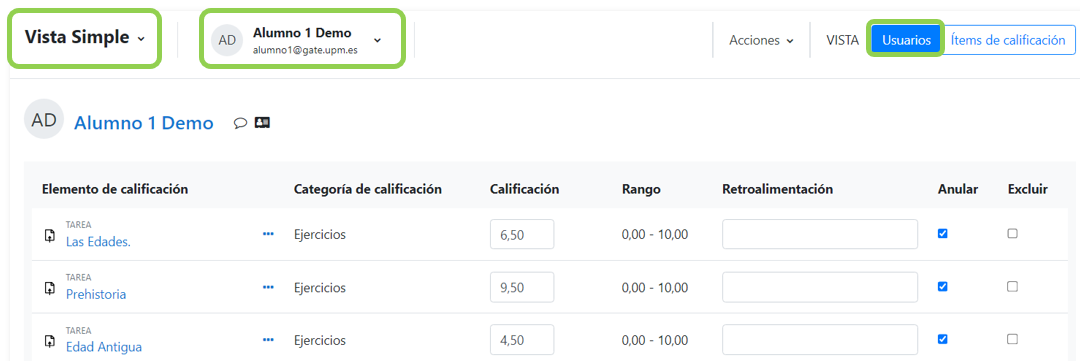 Vista simple de un usuario
