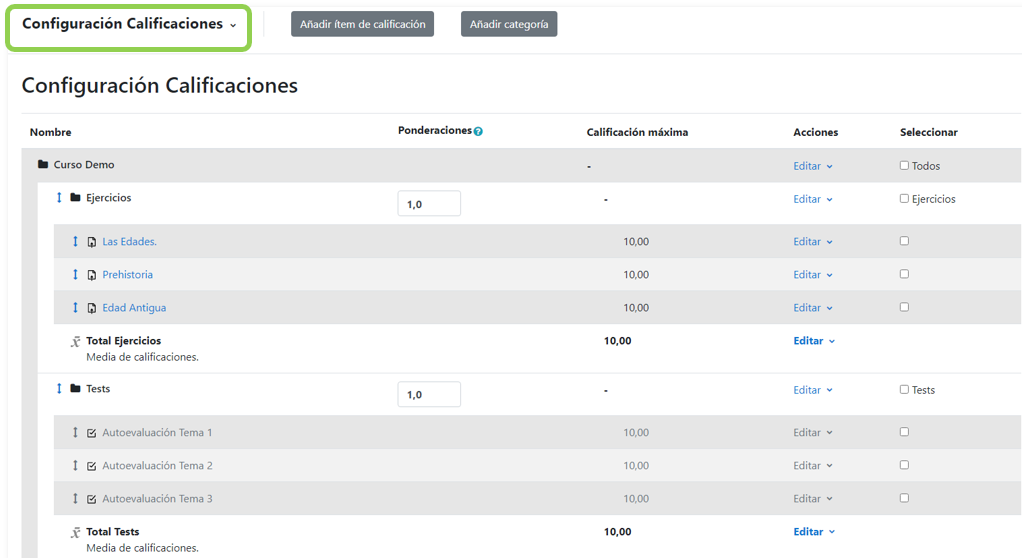 Vista de configuración calificaciones