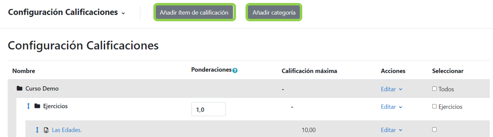 Opciones de añadir ítem de calificación y de añadir caategoría