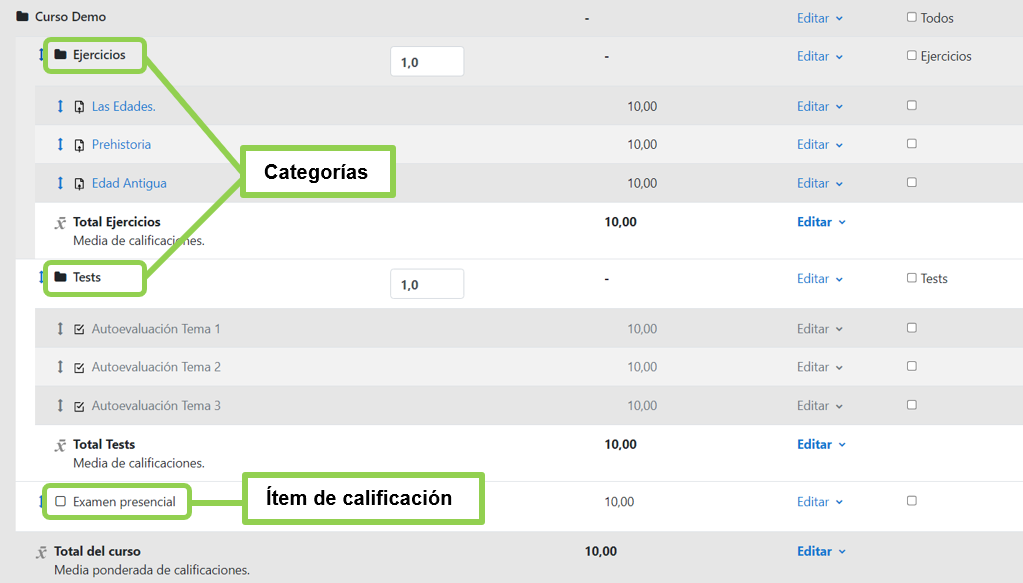 Vista de ítem de calificación y categorías