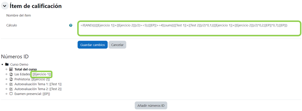 Edición del total de la categoría