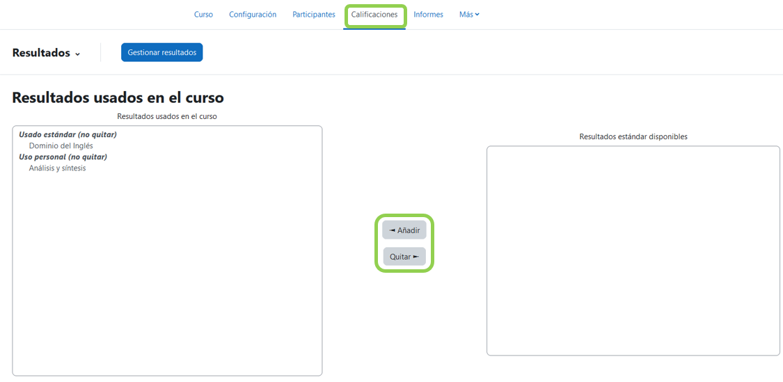Resultados disponibles en un curso