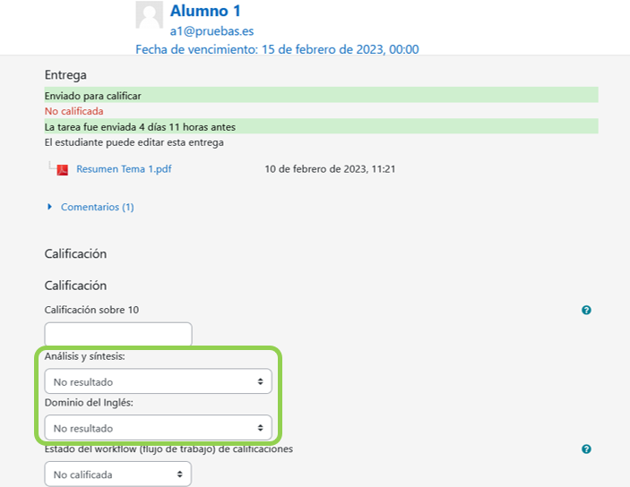 Calificación de resultados en una tarea