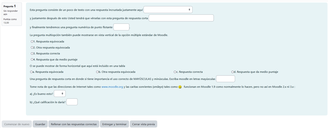 Vista del ejemplo de pregunta cloze