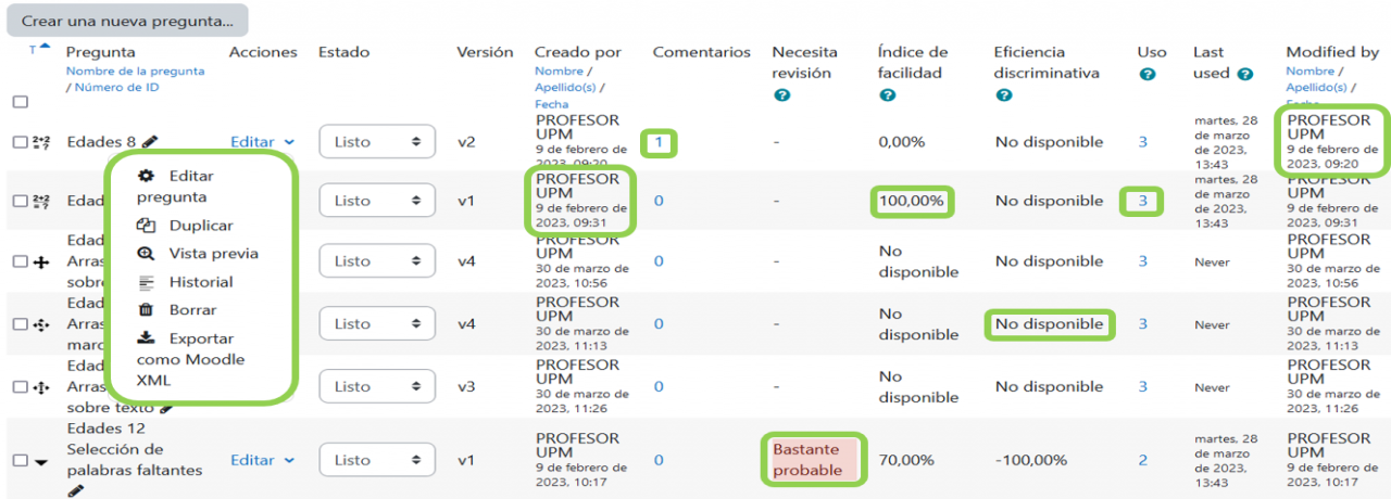 Vista de gestión del banco de preguntas
