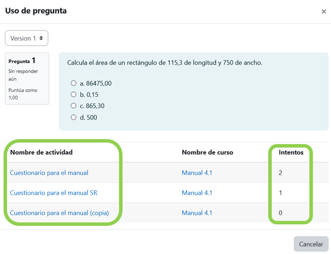 Ventana de uso de pregunta