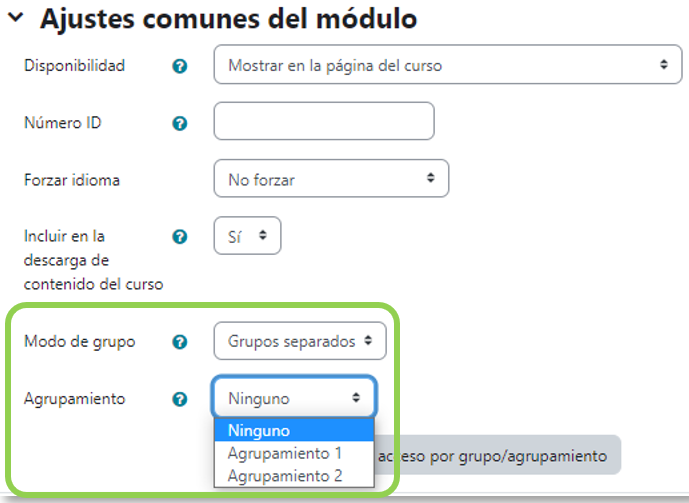 Configuración del modo grupo y agrupamientos en una actividad