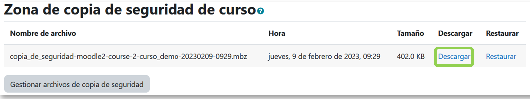Zona de copia de seguridad del curso