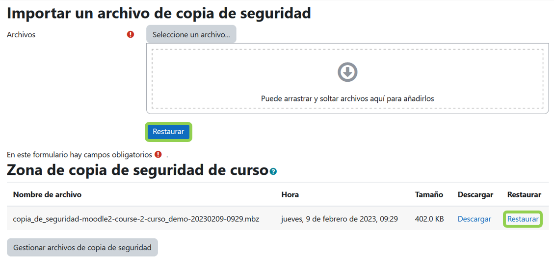Seleccionar la copia de seguridad a restaurar