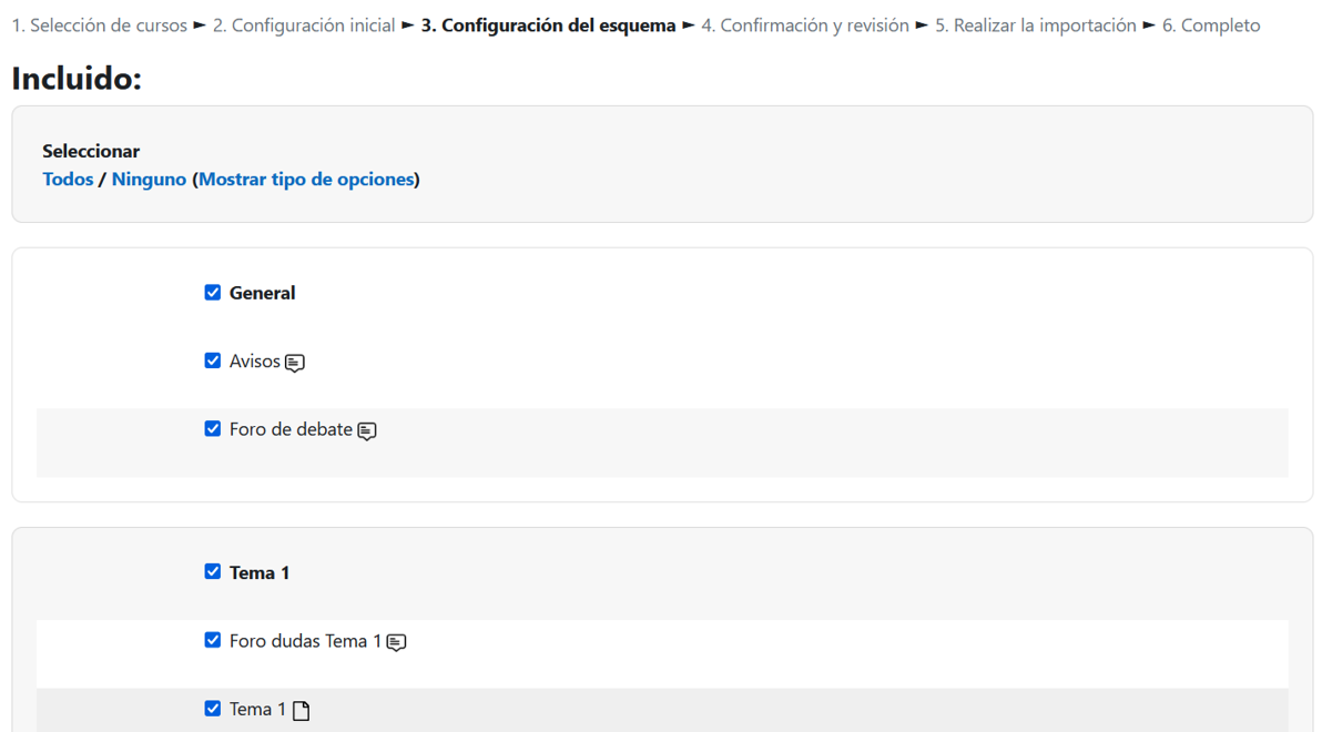Selección de los elementos a importar