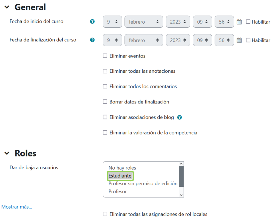 Vista de reiniciar curso