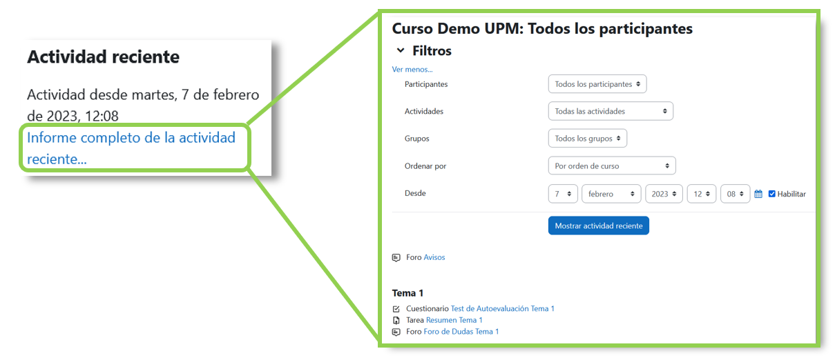 Bloque de actividad reciente