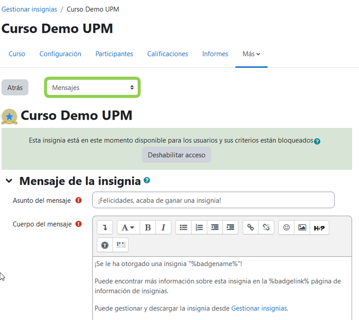 Mensaje que se envía al conseguir una insignia