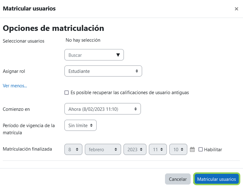 Opciones de matriculación