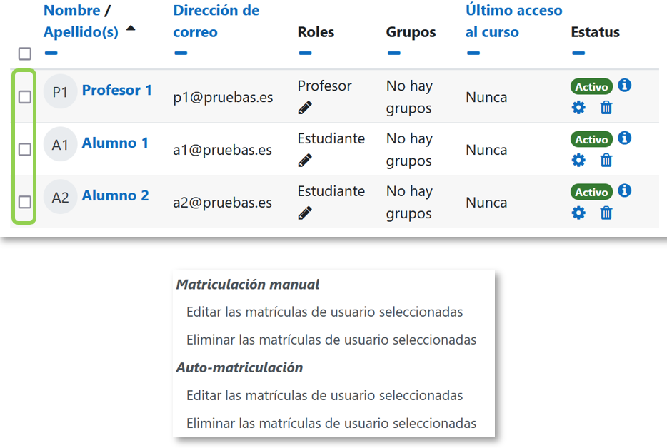 Seleccionar, editar o eliminar usuarios con acceso por auto-matrícula o de forma manual