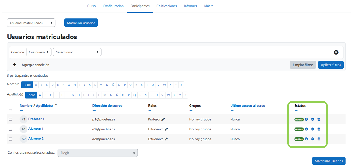 Estatus de los usuarios matriculados
