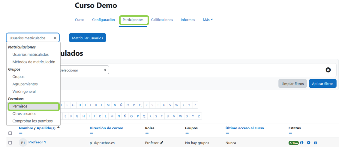 Acceso a los permisos del curso