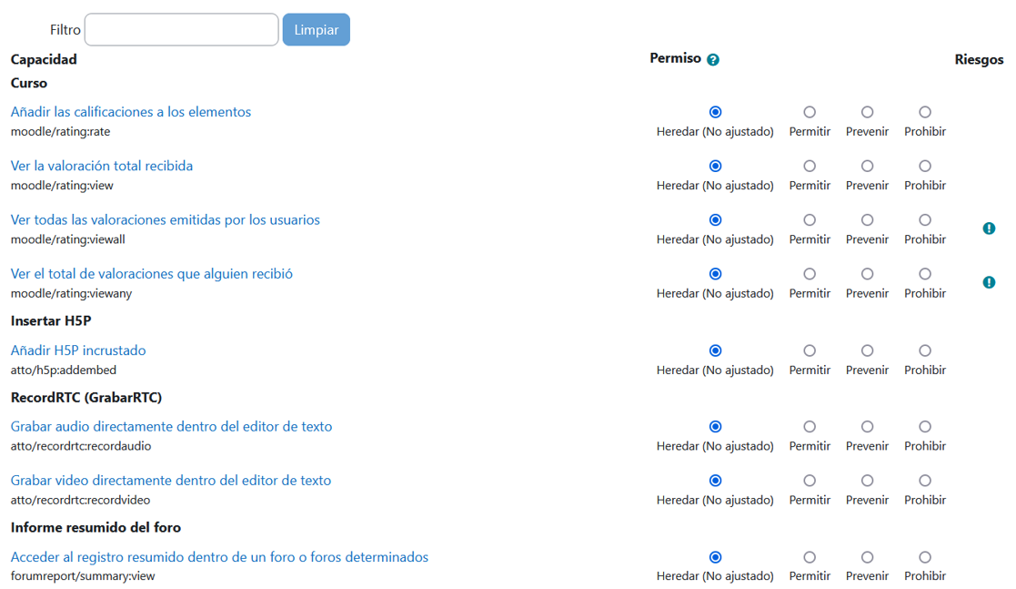 Edición avanzada de permisos para un rol