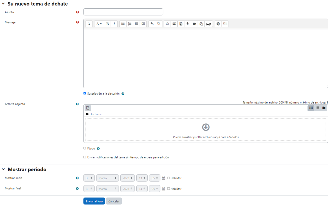 Añadir un debate con opciones avanzadas