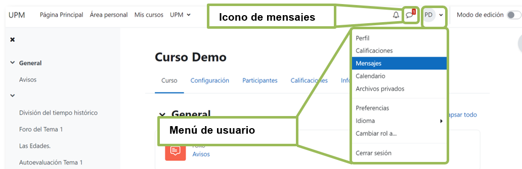 Acceso a los mensajes desde el menú superior