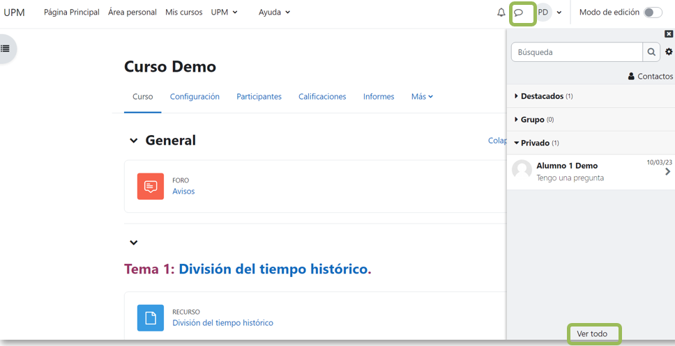 Interfaz del bloque de mensajería lateral