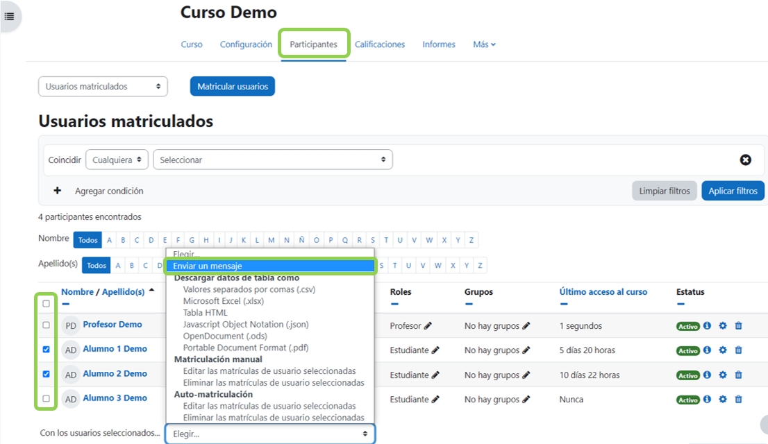 Envío de mensajes desde Participantes por el profesor