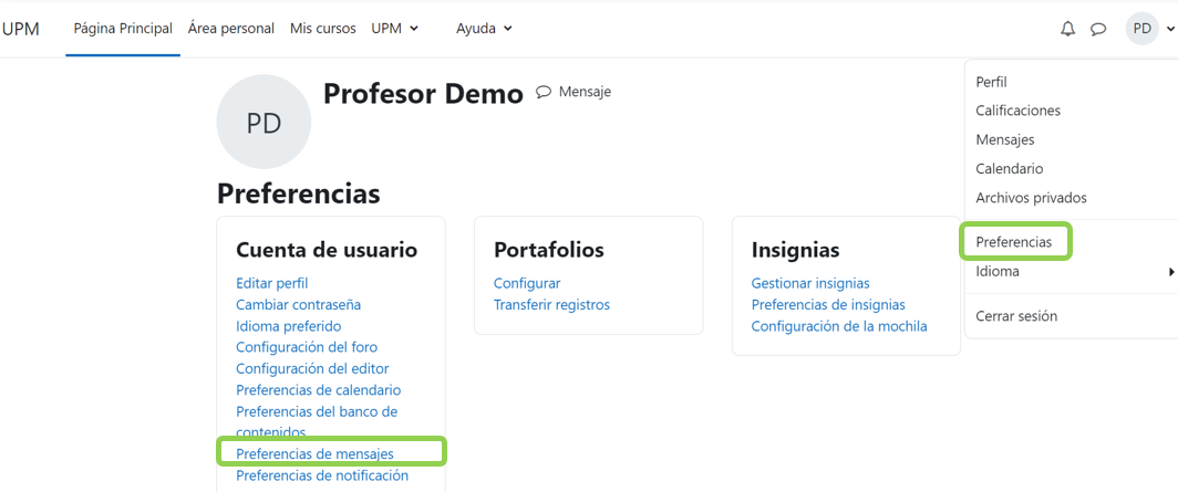 Configuración de mensajería desde preferencias