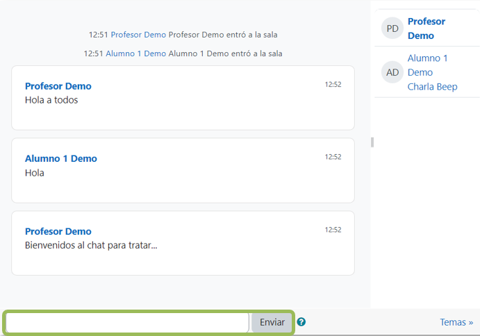 Sala de chat en funcionamiento