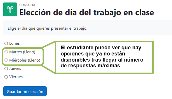 Vista del estudiante al responder la consulta (el estudiante puede ver que hay opciones que ya no están disponibles tras llegar al número máximo de respuestas)