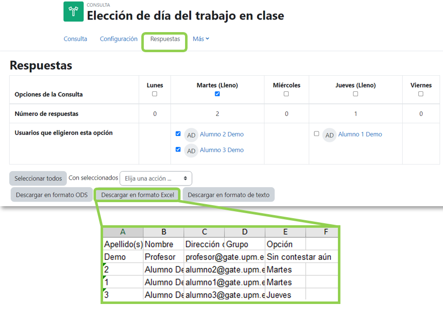 Vista de los resultados de la consulta y fichero excel