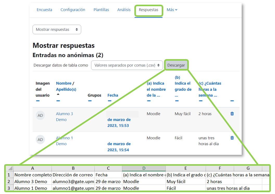 Vista de las respuestas de la encuesta y fichero excel