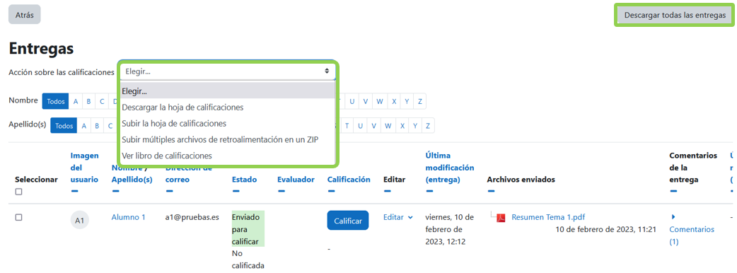 Acciones sobre las calificaciones