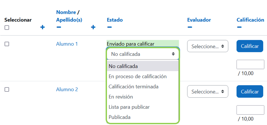 Opciones de estado y evaluador