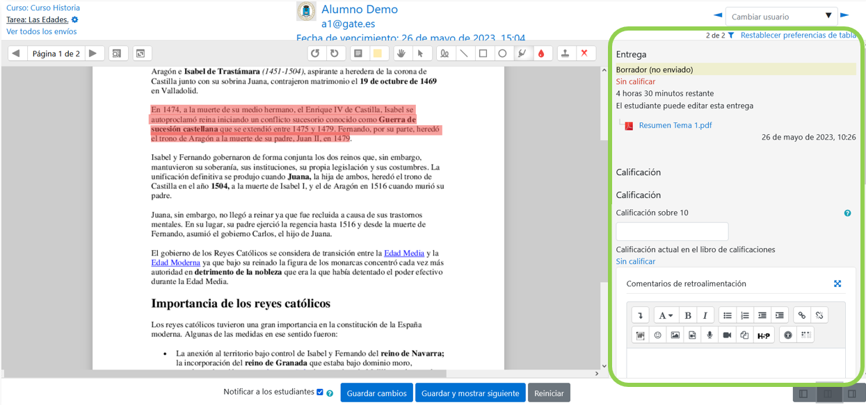 Calificación de un tarea mediante calificación simple