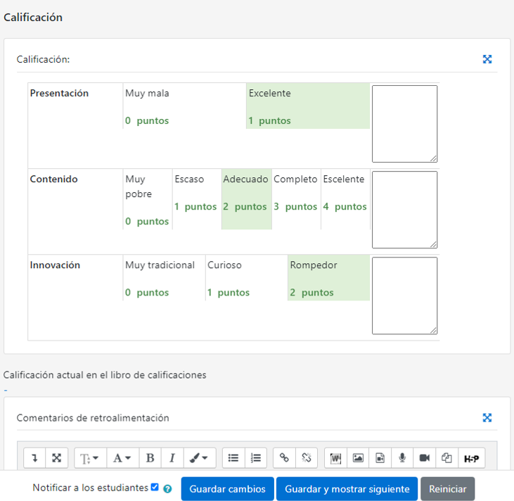 Calificación de una tarea mediante rúbricas