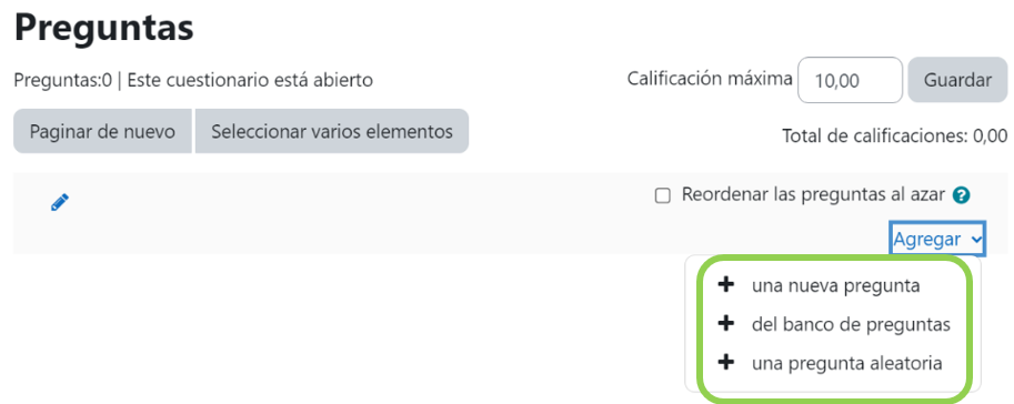 Agregar preguntas a un cuestionario
