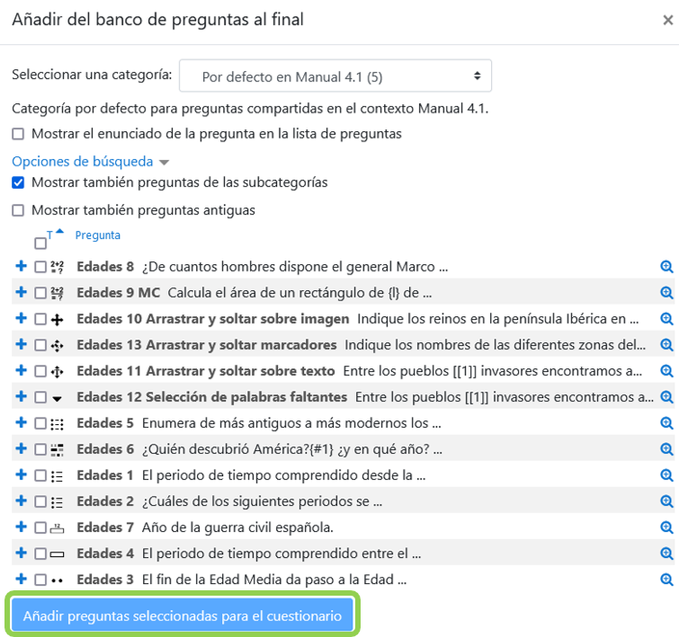 Agregar preguntas a un cuestionario del Banco de preguntas