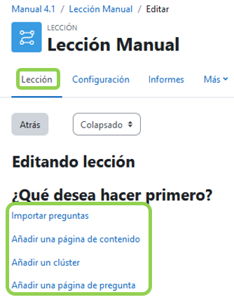 Opciones iniciales de la edición de las páginas