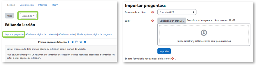 Importar preguntas a la Lección