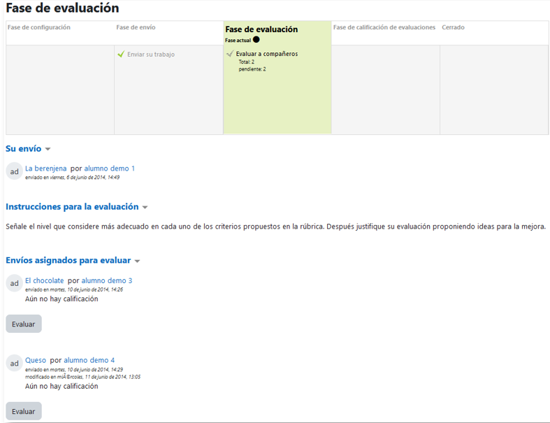 Evaluación de envíos por parte del estudiante (dos en este ejemplo)