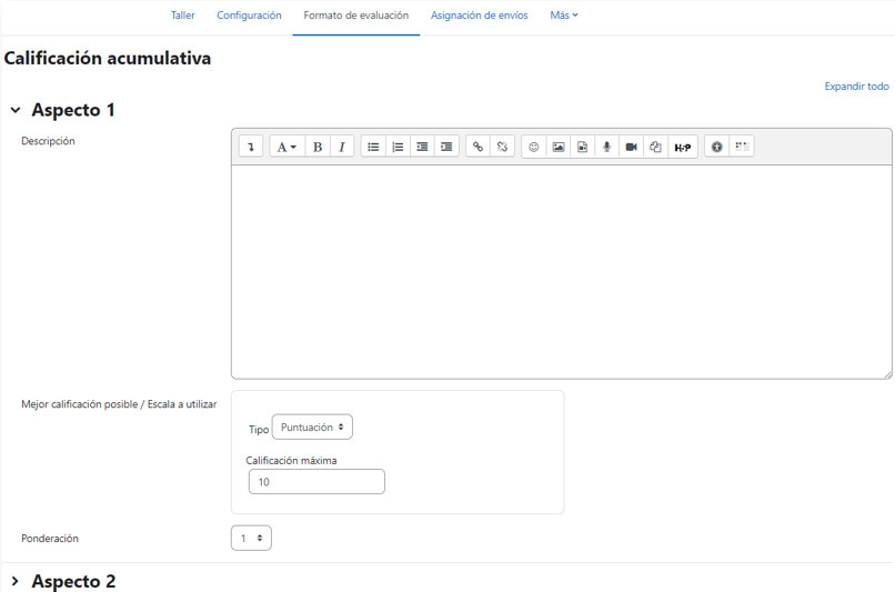 Configuración de los aspectos en la calificación acumulativa