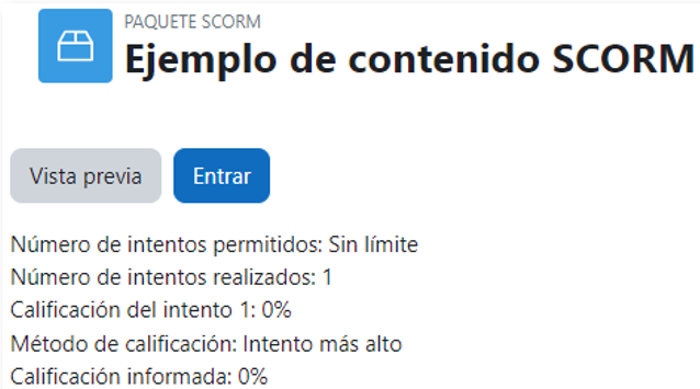 Inicio de un SCORM visto por los estudiantes