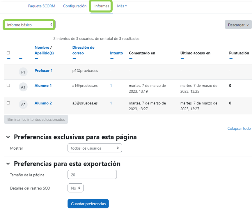 Pestaña informes del paquete SCORM