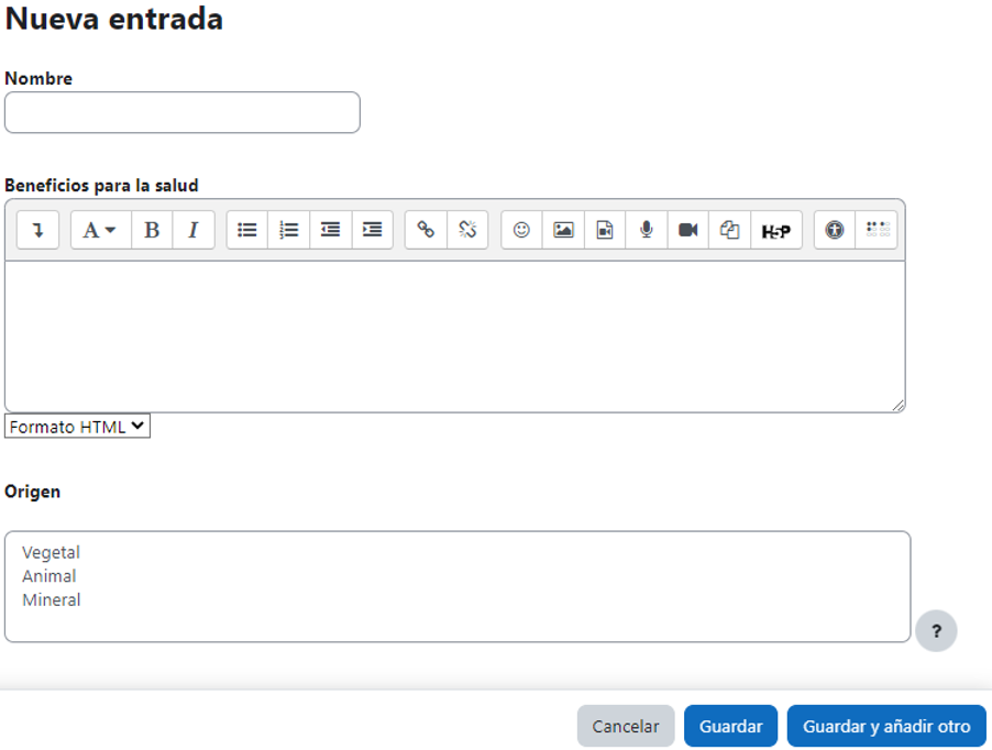 Vista de los campos en el formulario de entrada