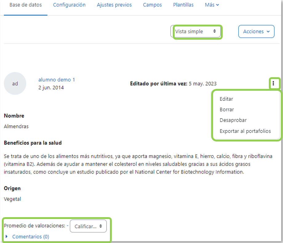 Vista simple de una entrada como docente