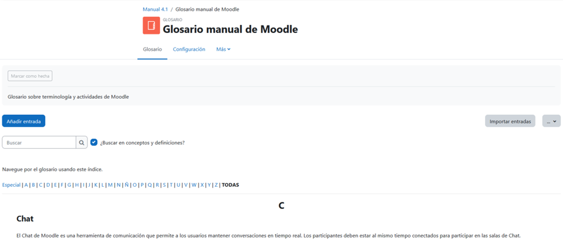 Vista del alumno al acceder al glosario