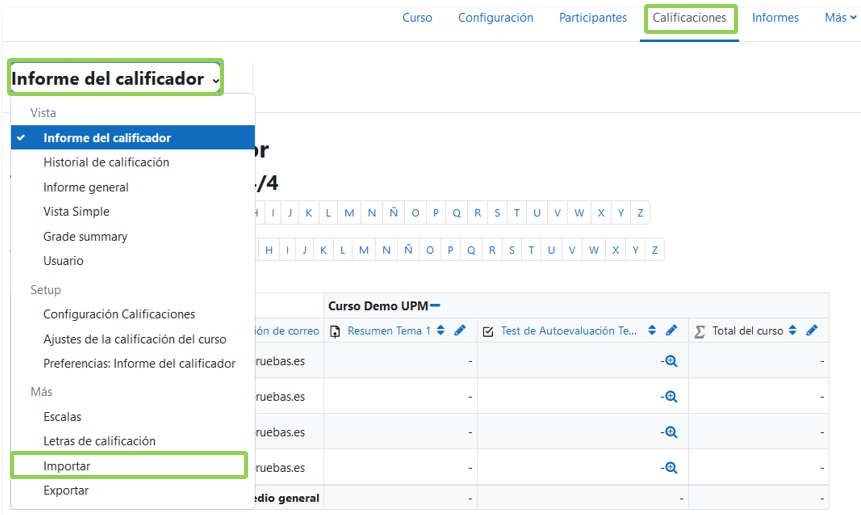 Vista de la opción de importar desde calificaciones