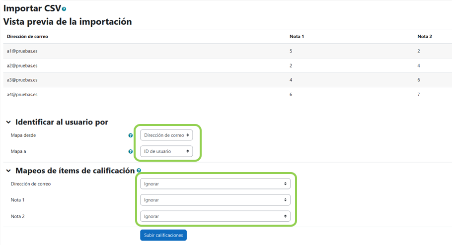 Vista previa de la importación