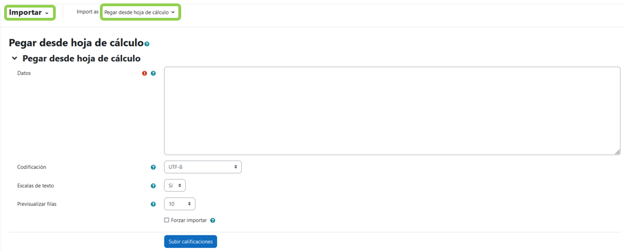 Opción de importar mediante pegar desde hoja de cálculo