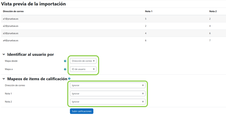 Vista previa de la importación